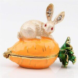 Hand Painted Rabbit Figurine Enamel Hinged Jewelry Trinket Box